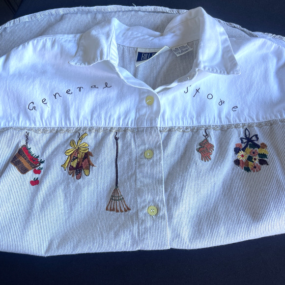 Vintage Bill Blass Womens Button Up Shirt Large Cotton Brown Striped Embroidered - Picture 3 of 10